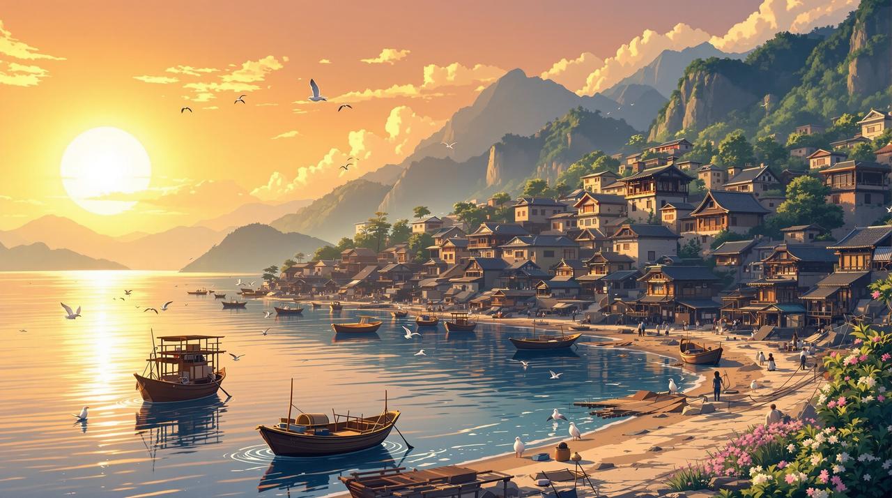 短剧资源站 - 海边渔村温暖黄昏全景，金色夕阳下的渔港，停泊的小渔船，传统石屋与远山